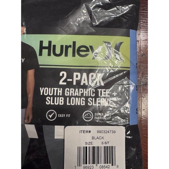 Hurley Soft & Breathable Crew Neck 2 Pack Boys Graphic Tee & Slub Long Sleeve - Picture 2 of 7